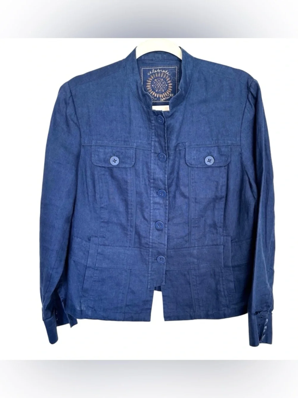 Coldwater Creek Linen Jacket Navy Button Mandarin Collar Lightweight Blazer M - Picture 3 of 10